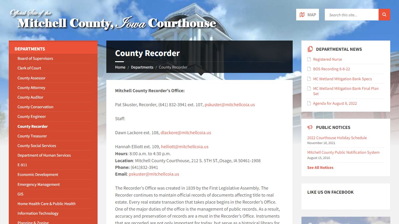 County Recorder | Mitchell County Iowa Courthouse